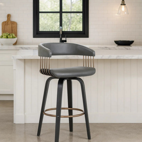 Maya 26 Inch Swivel Counter Chair, Gray Faux Leather, Bronze, Black Wood - BM304962