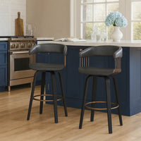 Maya 26 Inch Swivel Counter Chair, Gray Faux Leather, Bronze, Black Wood - BM304962