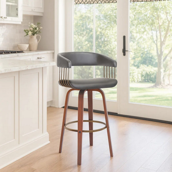 Maya 31 Inch Swivel Barstool Chair, Gray Faux Leather, Bronze, Walnut Brown - BM304965