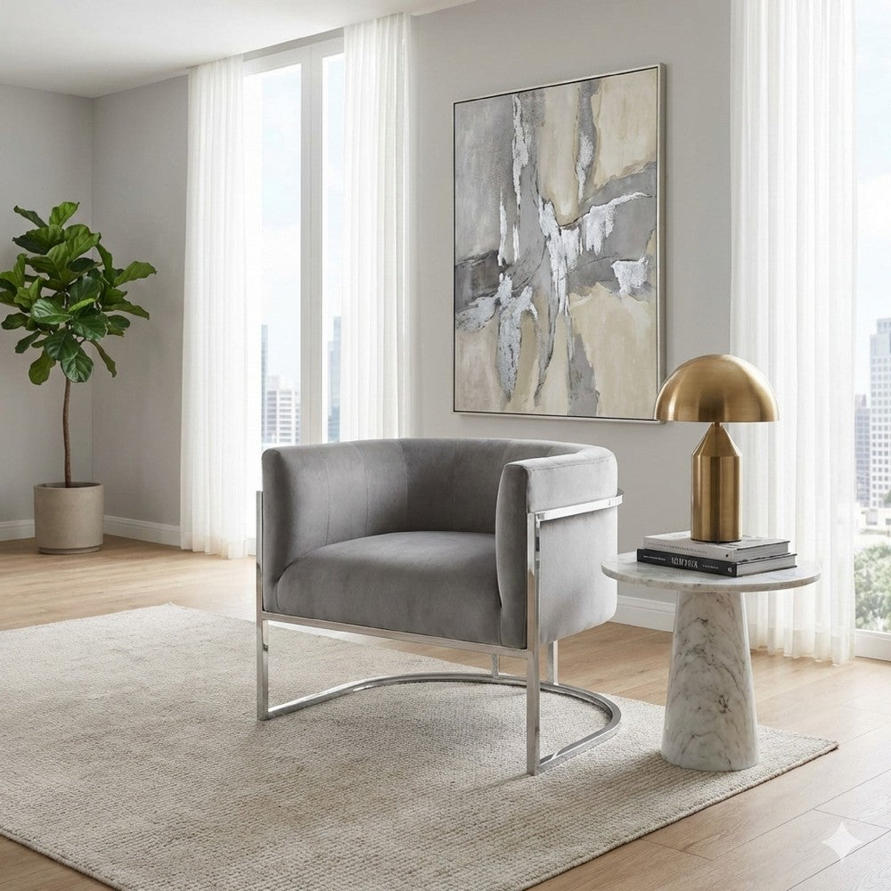Kel 31 Inch Cantilever Accent Chair, Gray Velvet, Silver Stainless Steel - BM305034