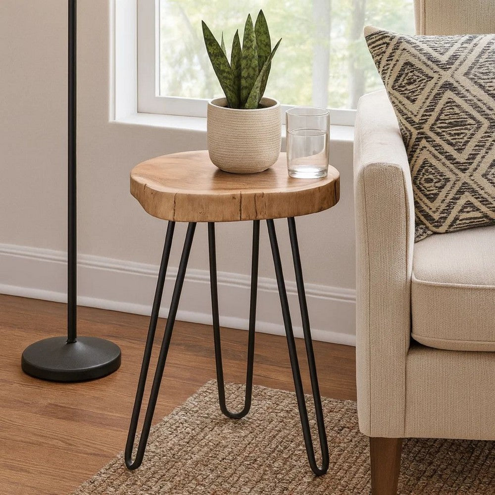 23 Inch Side End Table, Hairpin Legs, Natural Brown Acacia Wood, Black Base - BM305050