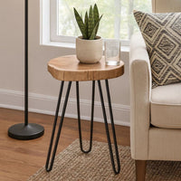 23 Inch Side End Table, Hairpin Legs, Natural Brown Acacia Wood, Black Base - BM305050