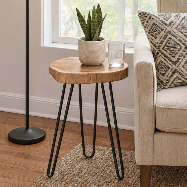 23 Inch Side End Table, Hairpin Legs, Natural Brown Acacia Wood, Black Base - BM305050