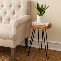 23 Inch Side End Table, Hairpin Legs, Natural Brown Acacia Wood, Black Base - BM305050