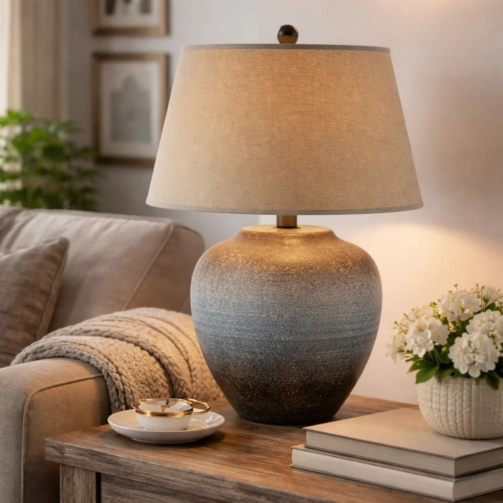 Buen 28 Inch Hydrocal Table Lamp, Drum Shade, Urn Base, Gray Rust Frost - BM305640