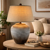 Buen 28 Inch Hydrocal Table Lamp, Drum Shade, Urn Base, Gray Rust Frost - BM305640