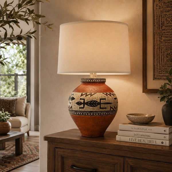 Kinn 24 Inch Hydrocal Table Lamp, Drum Shade, Tribal Style Urn Base, Brown - BM305665