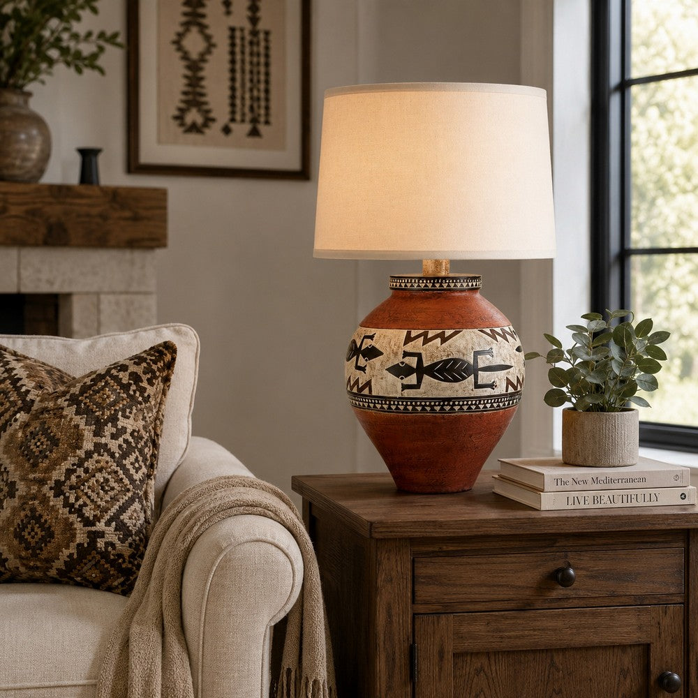 Kinn 24 Inch Hydrocal Table Lamp, Drum Shade, Tribal Style Urn Base, Brown - BM305665