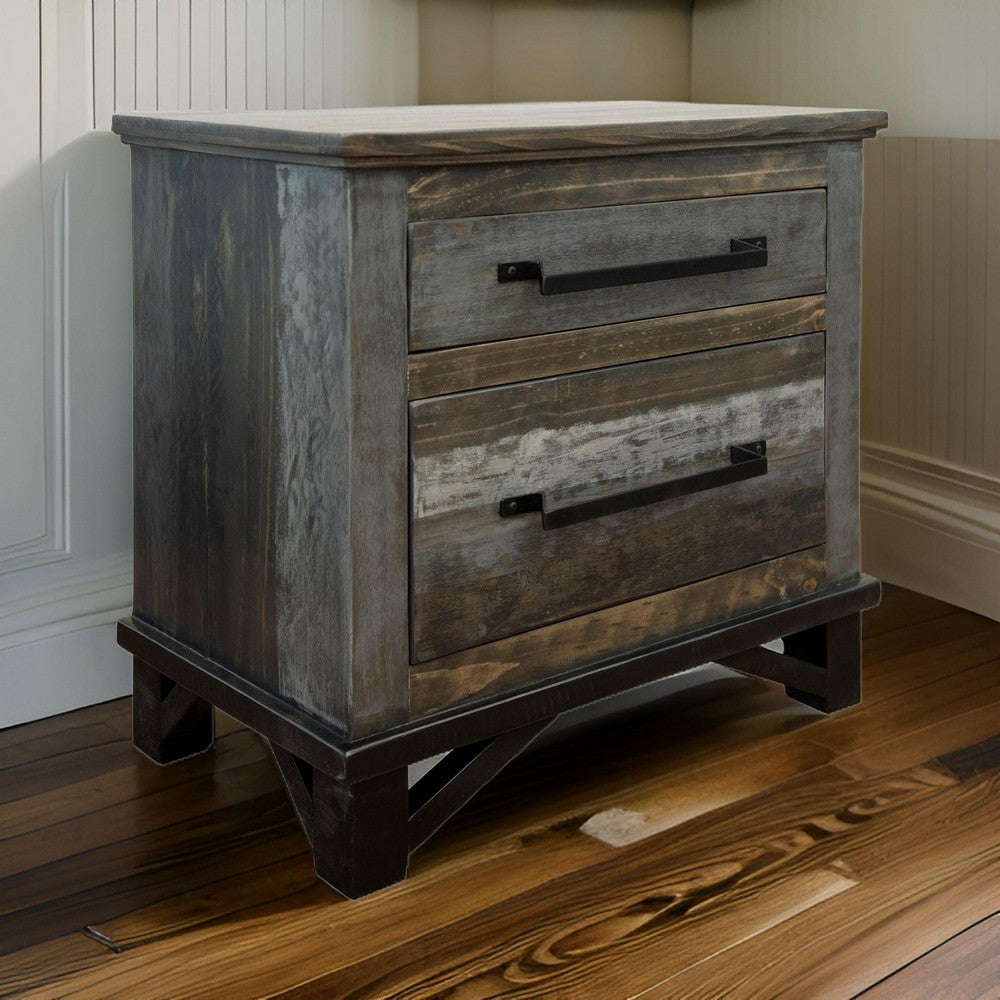 Peya 28 Inch Rustic Nightstand, 2 Drawers, Distress Gray, Brown Pine Wood - BM305668