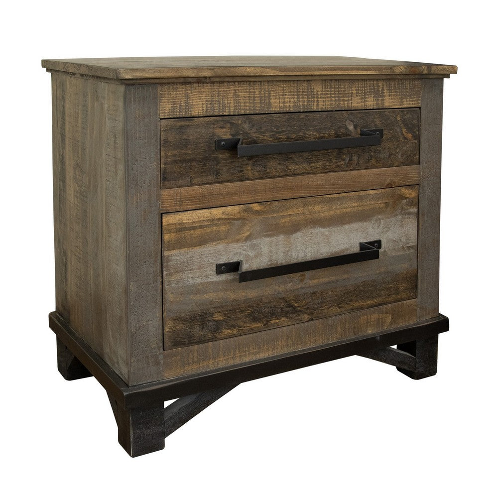 Peya 28 Inch Rustic Nightstand, 2 Drawers, Distress Gray, Brown Pine Wood - BM305668