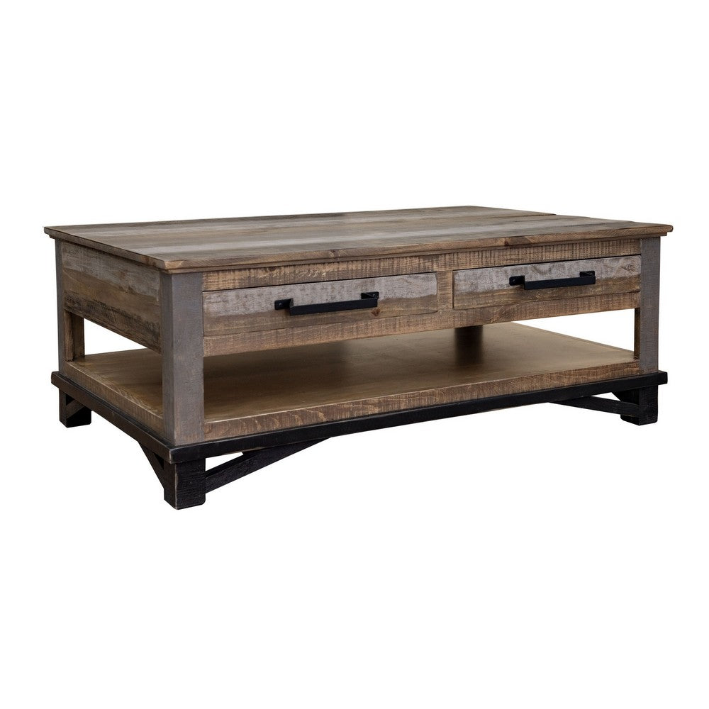 Peya 50 Inch 4 Drawer Coffee Table, Shelf, Distressed Gray, Brown Pine Wood - BM305687