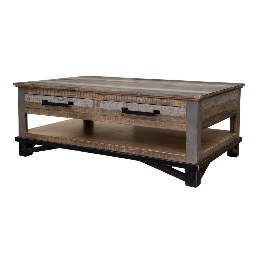 Peya 50 Inch 4 Drawer Coffee Table, Shelf, Distressed Gray, Brown Pine Wood - BM305687