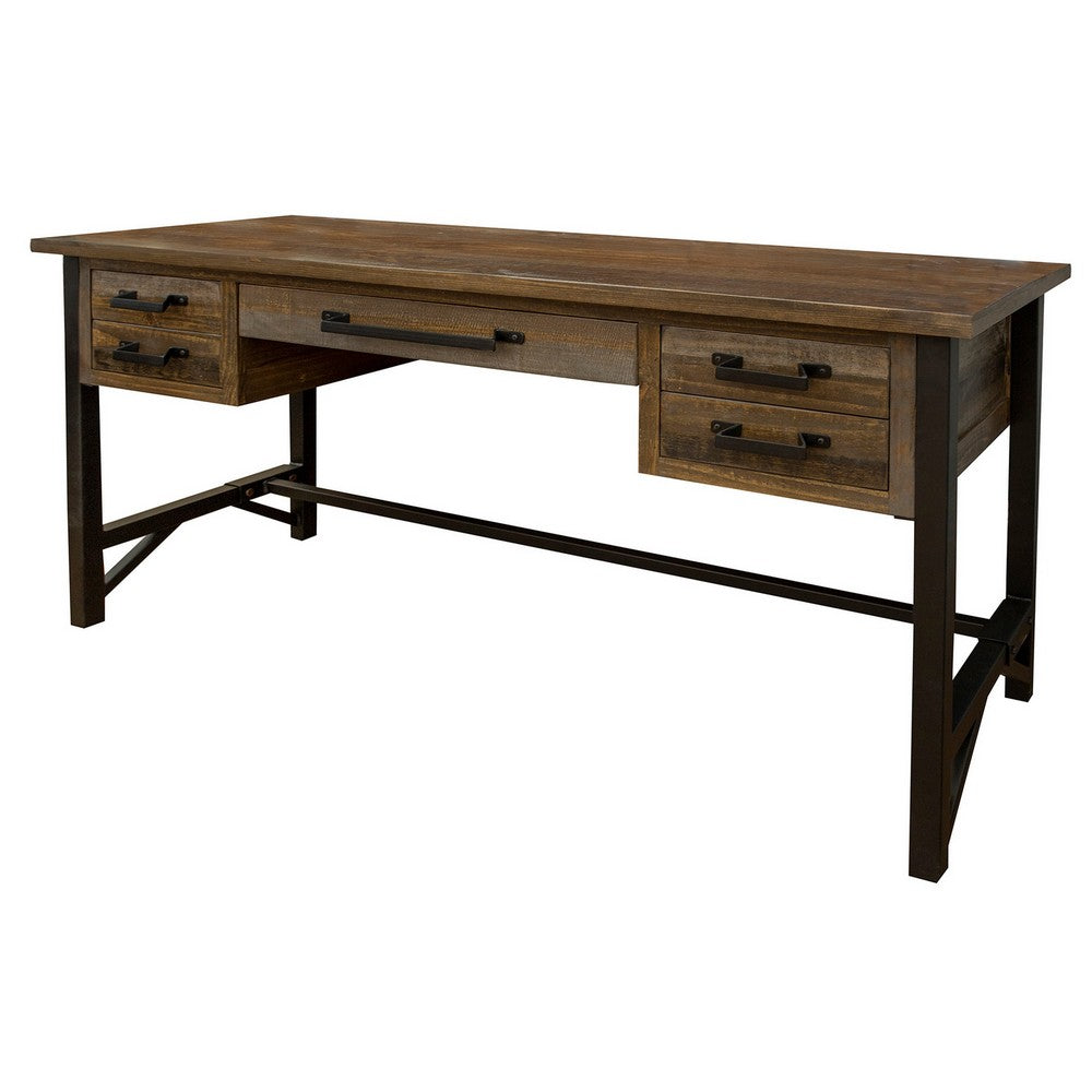 Peya 61 Inch 4 Drawer Desk, Keyboard Tray, Distressed Gray, Brown Pine Wood - BM305689