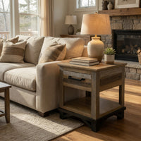 Peya 26 Inch Side End Table, Shelf, 1 Drawer, Distressed Gray, Brown Wood  - BM305691