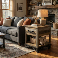 Peya 26 Inch Side End Table, Shelf, 1 Drawer, Distressed Gray, Brown Wood  - BM305691