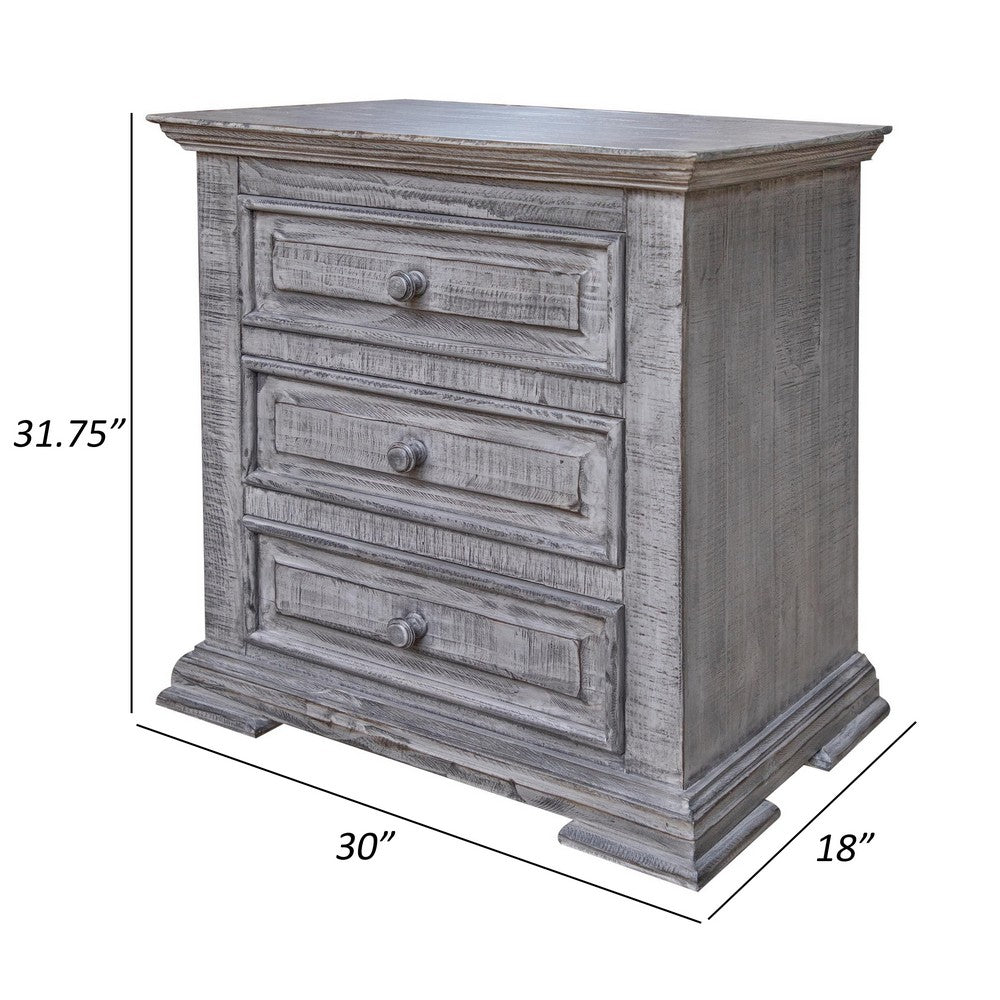 Siya 32 Inch Nightstand, 3 Drawers, Distressed Gray Pine Wood Molded Design - BM306499