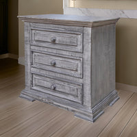 Siya 32 Inch Nightstand, 3 Drawers, Distressed Gray Pine Wood Molded Design - BM306499