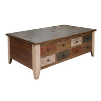 Fena 50 Inch 8 Drawer Coffee Table, Lift Top, Multicolor Distress Pine Wood - BM306540