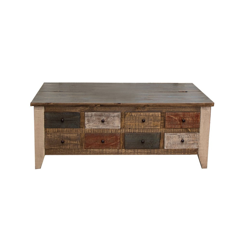 Fena 50 Inch 8 Drawer Coffee Table, Lift Top, Multicolor Distress Pine Wood - BM306540