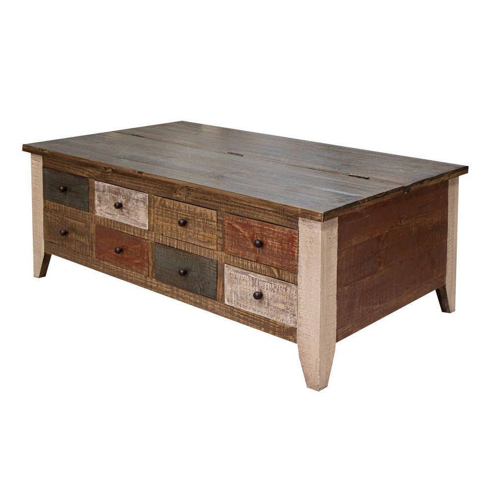 Fena 50 Inch 8 Drawer Coffee Table, Lift Top, Multicolor Distress Pine Wood - BM306540