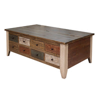 Fena 50 Inch 8 Drawer Coffee Table, Lift Top, Multicolor Distress Pine Wood - BM306540