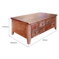 Fena 50 Inch 8 Drawer Coffee Table, Lift Top, Multicolor Distress Pine Wood - BM306540