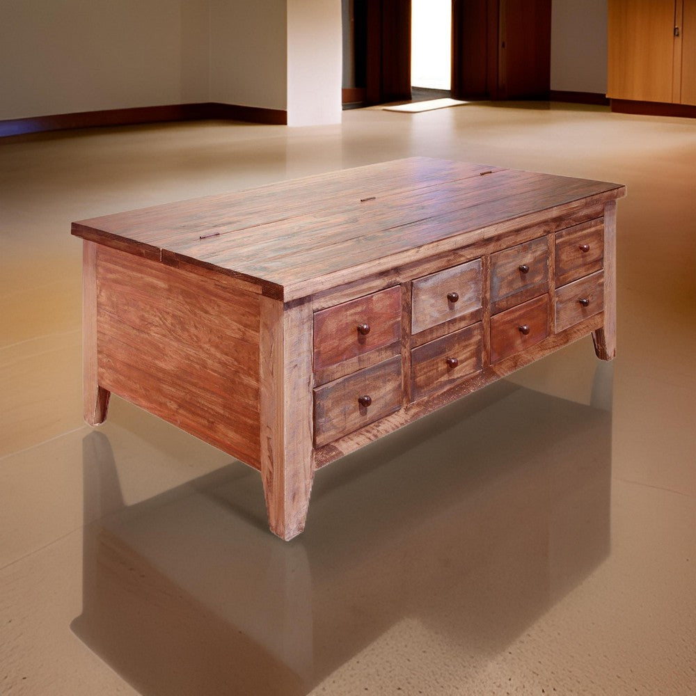 Fena 50 Inch 8 Drawer Coffee Table, Lift Top, Multicolor Distress Pine Wood - BM306540