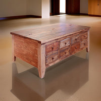 Fena 50 Inch 8 Drawer Coffee Table, Lift Top, Multicolor Distress Pine Wood - BM306540