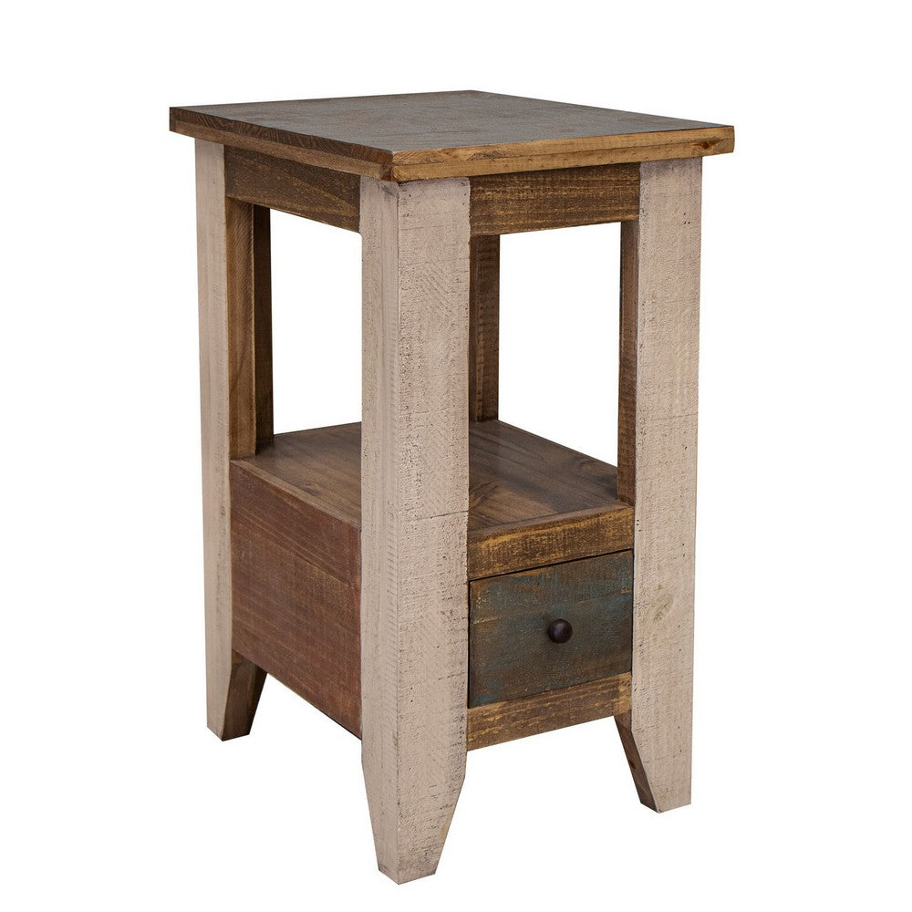 Fena 26 Inch Narrow End Table, Open Shelf, Multicolor Distress Pine Wood - BM306542