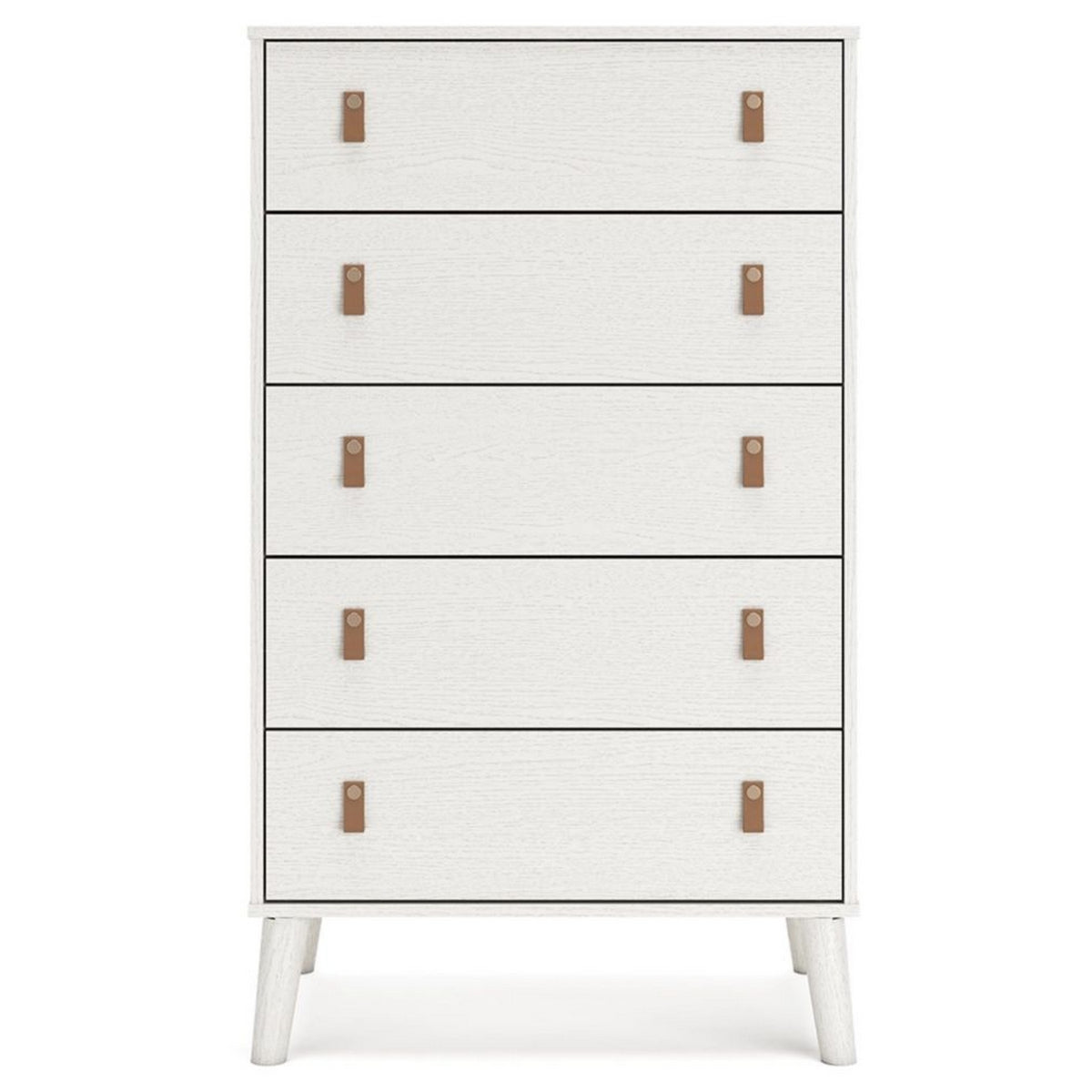 Nina 51 Inch 5 Drawer Tall Dresser Chest, Brown Faux Leather Handles, White - BM306606