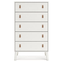 Nina 51 Inch 5 Drawer Tall Dresser Chest, Brown Faux Leather Handles, White - BM306606