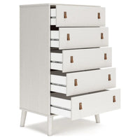 Nina 51 Inch 5 Drawer Tall Dresser Chest, Brown Faux Leather Handles, White - BM306606