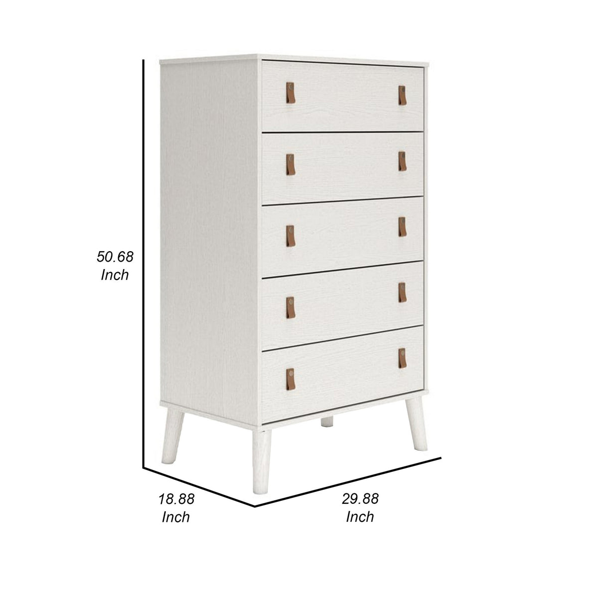 Nina 51 Inch 5 Drawer Tall Dresser Chest, Brown Faux Leather Handles, White - BM306606