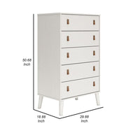 Nina 51 Inch 5 Drawer Tall Dresser Chest, Brown Faux Leather Handles, White - BM306606