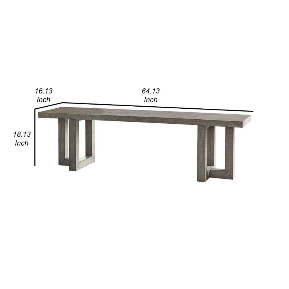 Gif 64 Inch Dining Bench, Geometric Pedestal Legs, Weathered Gray Finish - BM306616