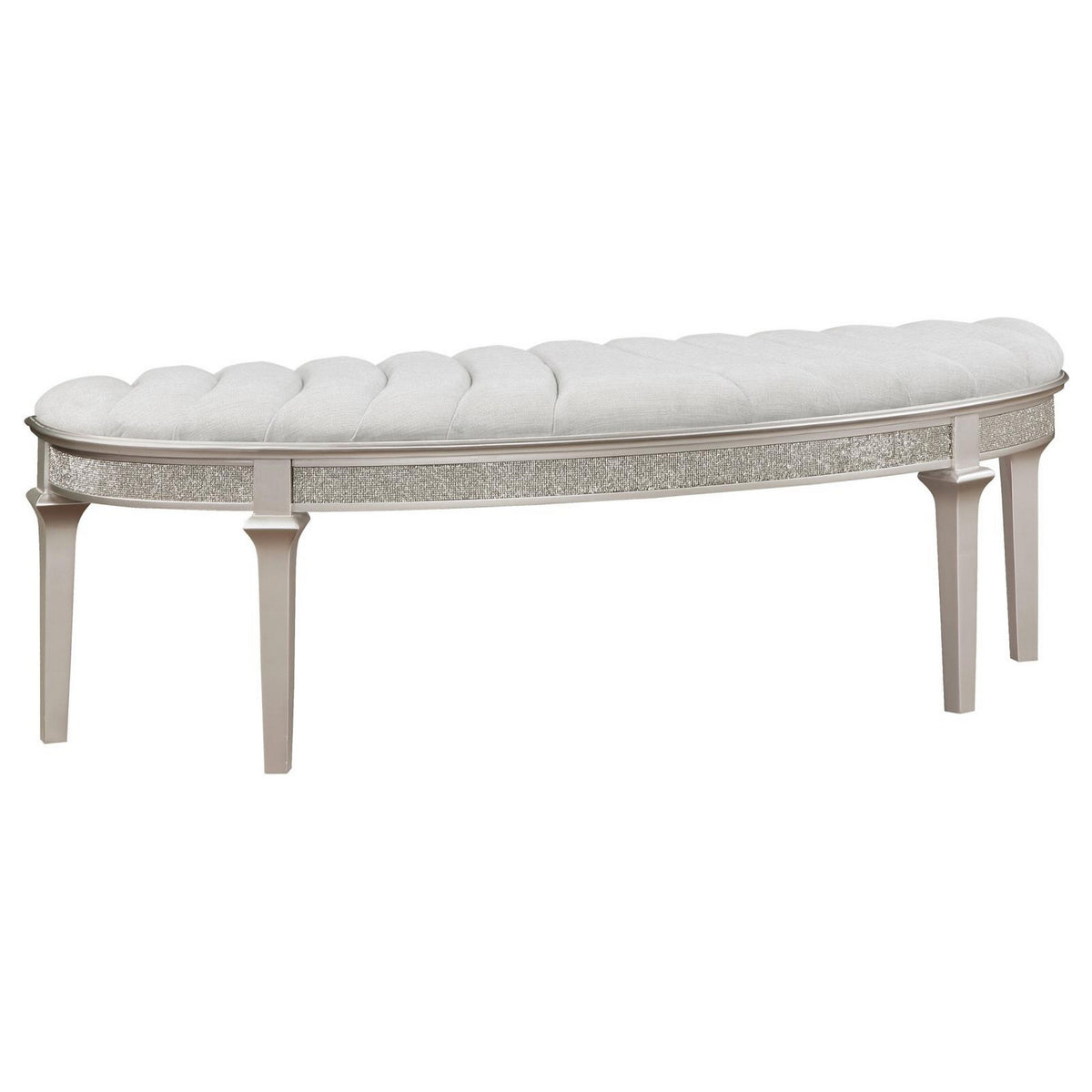 Nive 53 Inch Bench, Semiround Shape, Encrusted Faux Diamond, Silver Oak  - BM307111