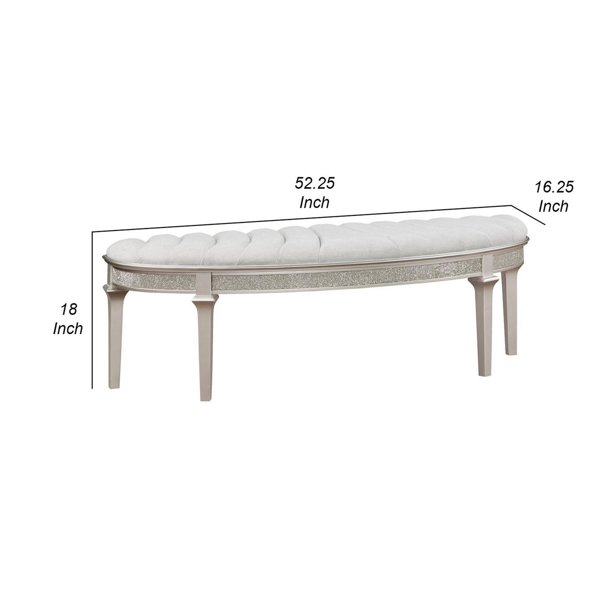 Nive 53 Inch Bench, Semiround Shape, Encrusted Faux Diamond, Silver Oak  - BM307111