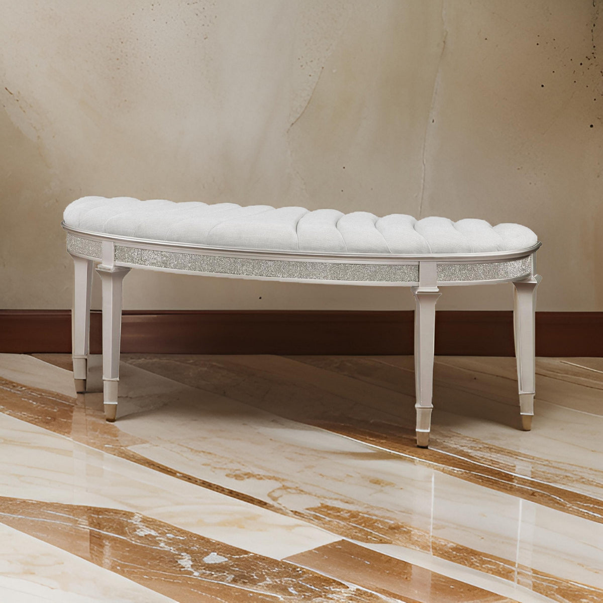Nive 53 Inch Bench, Semiround Shape, Encrusted Faux Diamond, Silver Oak  - BM307111