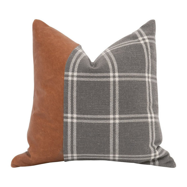 Veya 20 Inch Set of 2 Accent Throw Throw Pillows, Leather Stripe Plaid Gray By Casagear Home