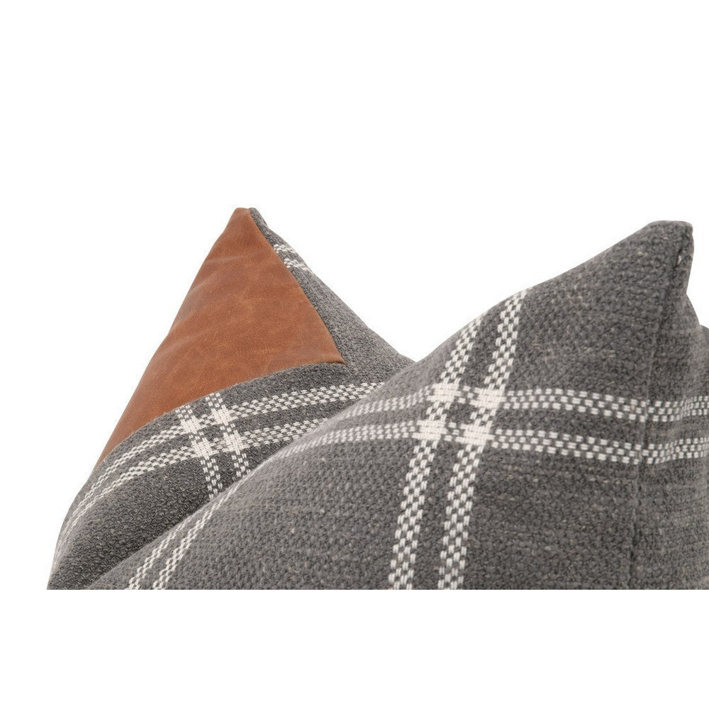 Veya 20 Inch Set of 2 Accent Throw Throw Pillows, Leather Stripe Plaid Gray By Casagear Home