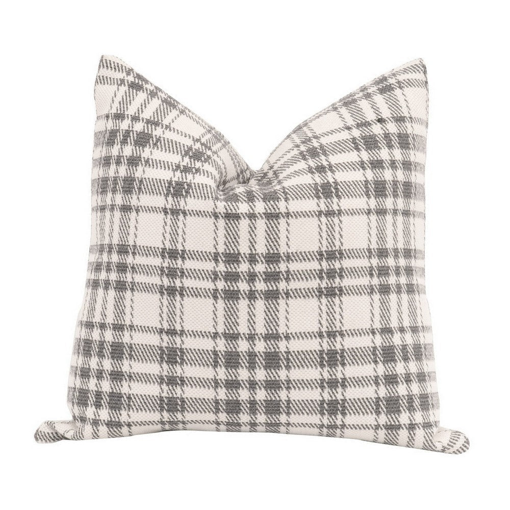 20 Inch Set of 2 Pillows, Down Filling, Plaid Patterning, White and Gray By Casagear Home