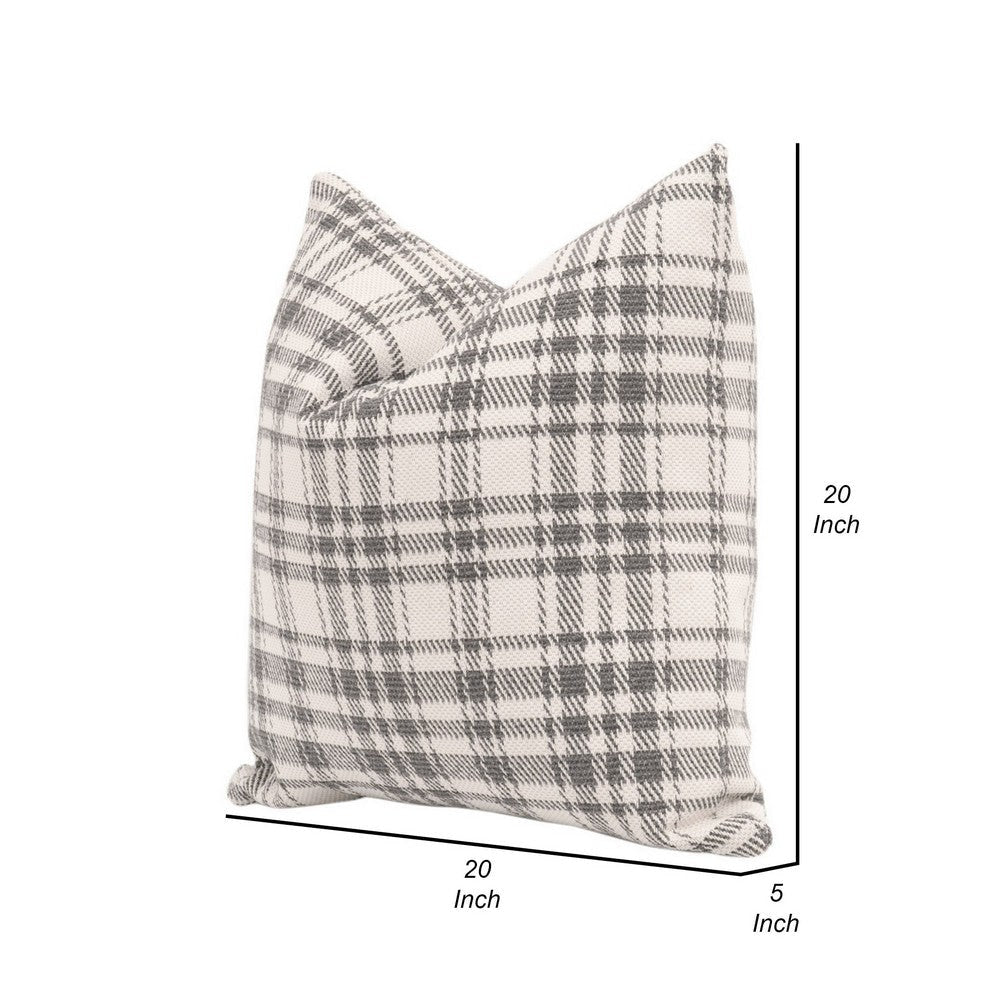 20 Inch Set of 2 Pillows, Down Filling, Plaid Patterning, White and Gray By Casagear Home