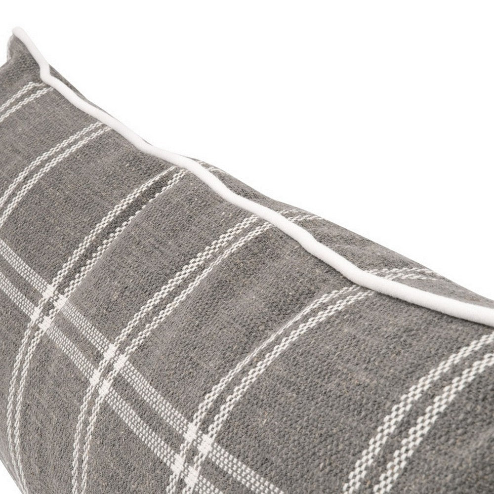 Veya 34 Inch Set of 2 Lumbar Pillows, Down Filling, White Plaid, Smoke Gray By Casagear Home