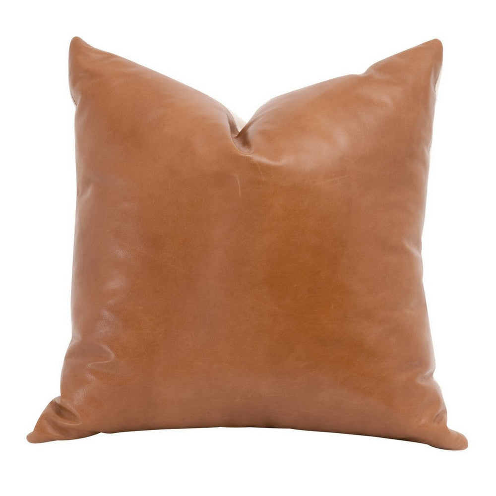 22 Inch Set of 2 Accent Throw Down Feather Pillows, Brown Leather, Linen By Casagear Home