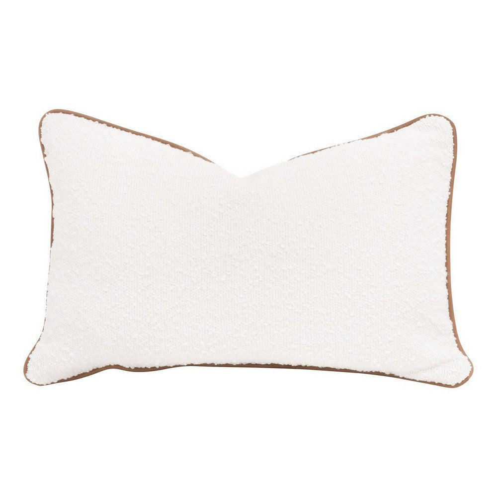 Bera 20 Inch Set of 2 Lumbar Pillows, Brown Leather Piping, White Boucle By Casagear Home