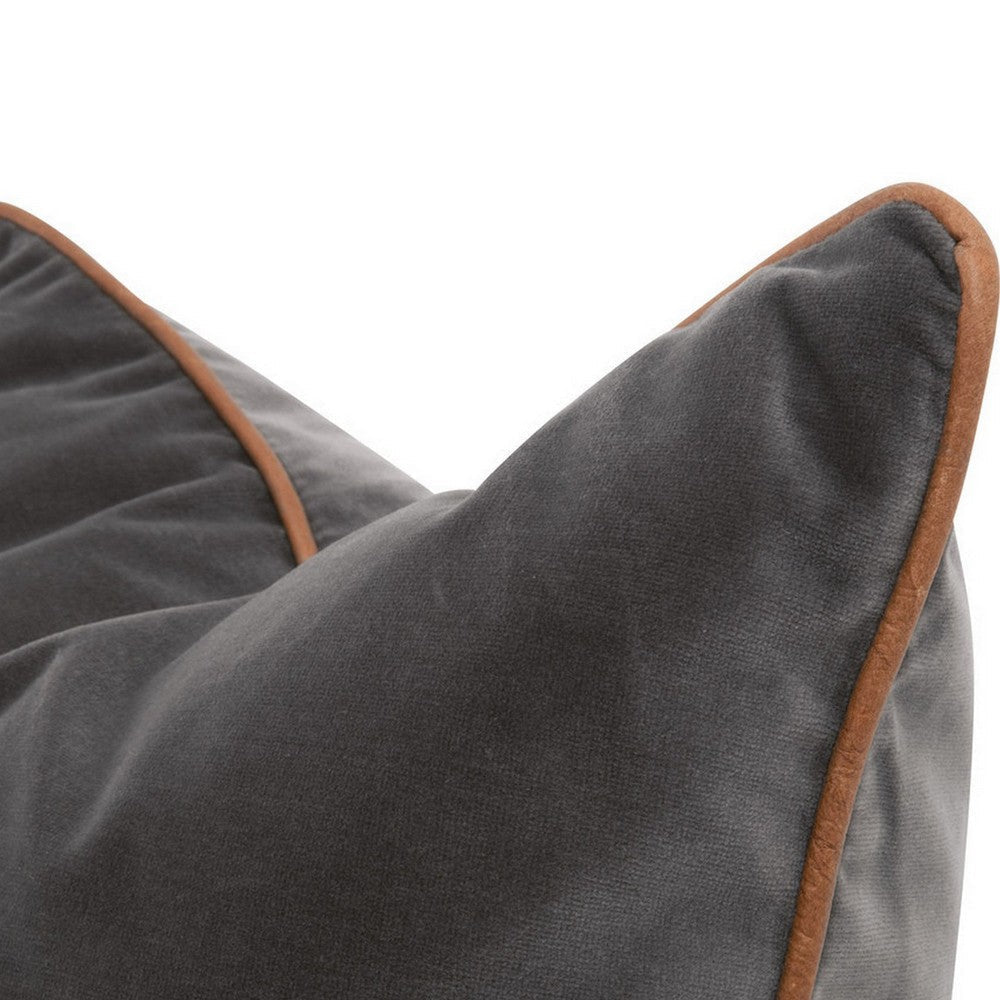 20 Inch Set of 2 Square Accent Throw Pillows, Brown Leather, Gray Velvet By Casagear Home