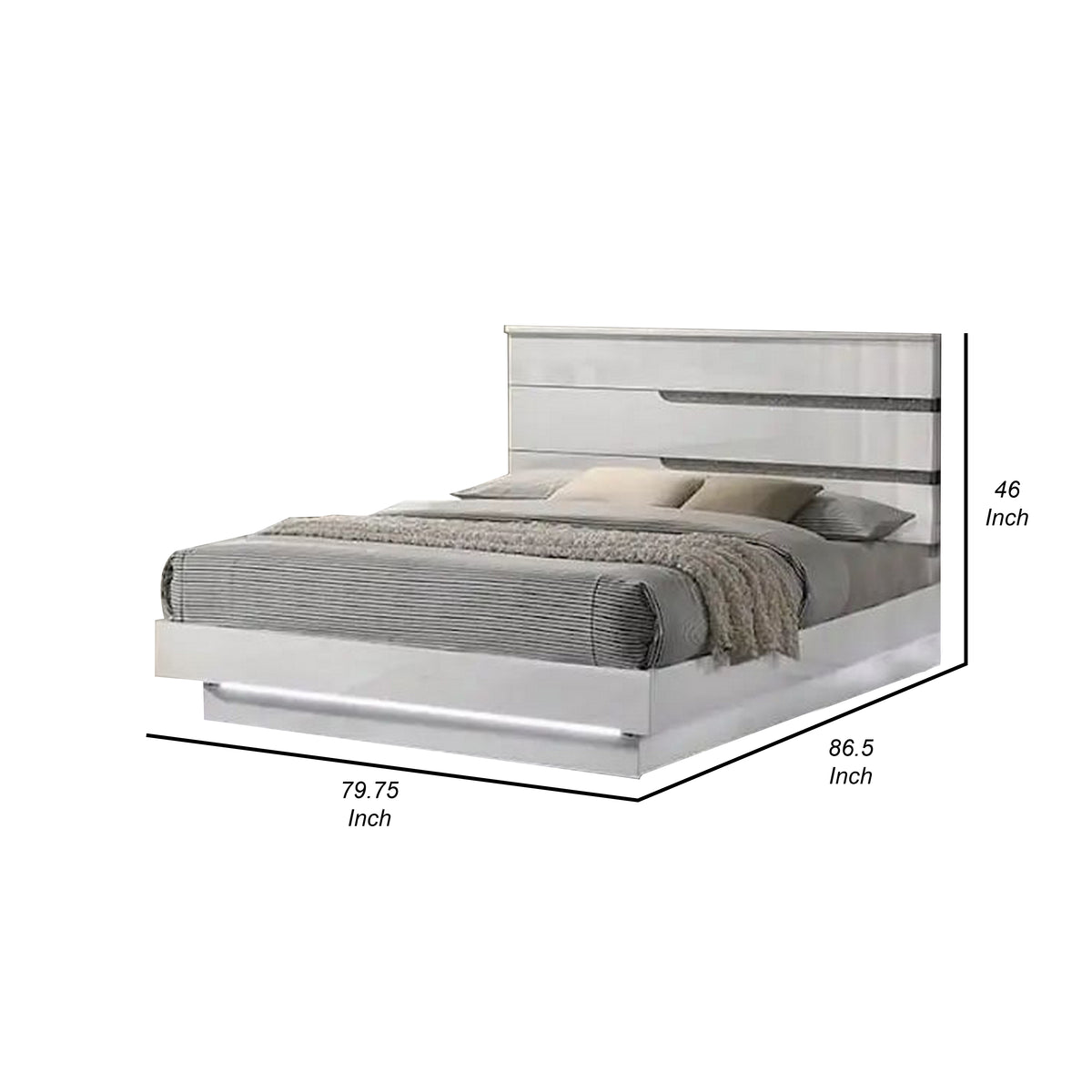 Peis King Size Bed, LED, Crystal Accents, Modern Design, Glossy White