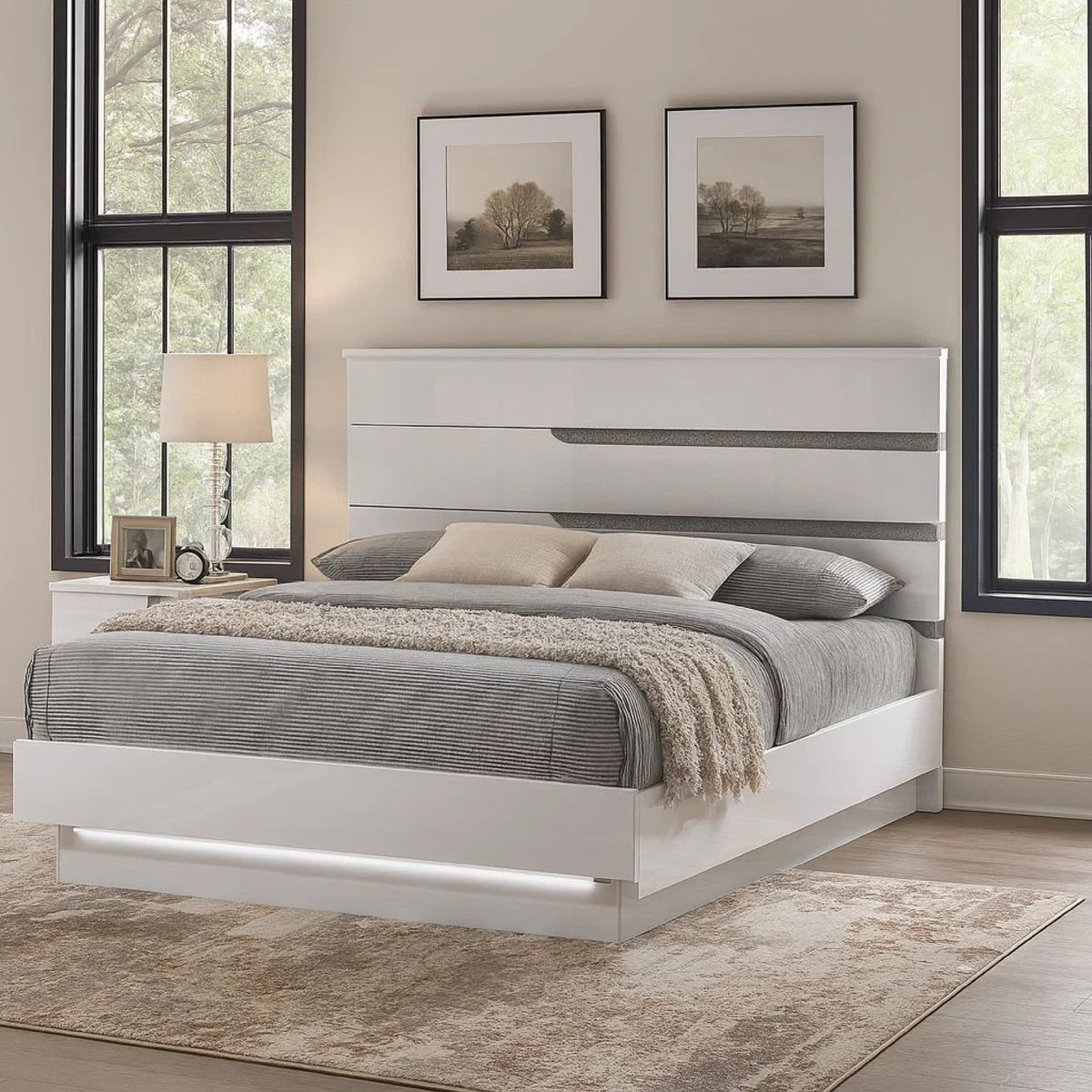 Peis King Size Bed, LED, Crystal Accents, Modern Design, Glossy White