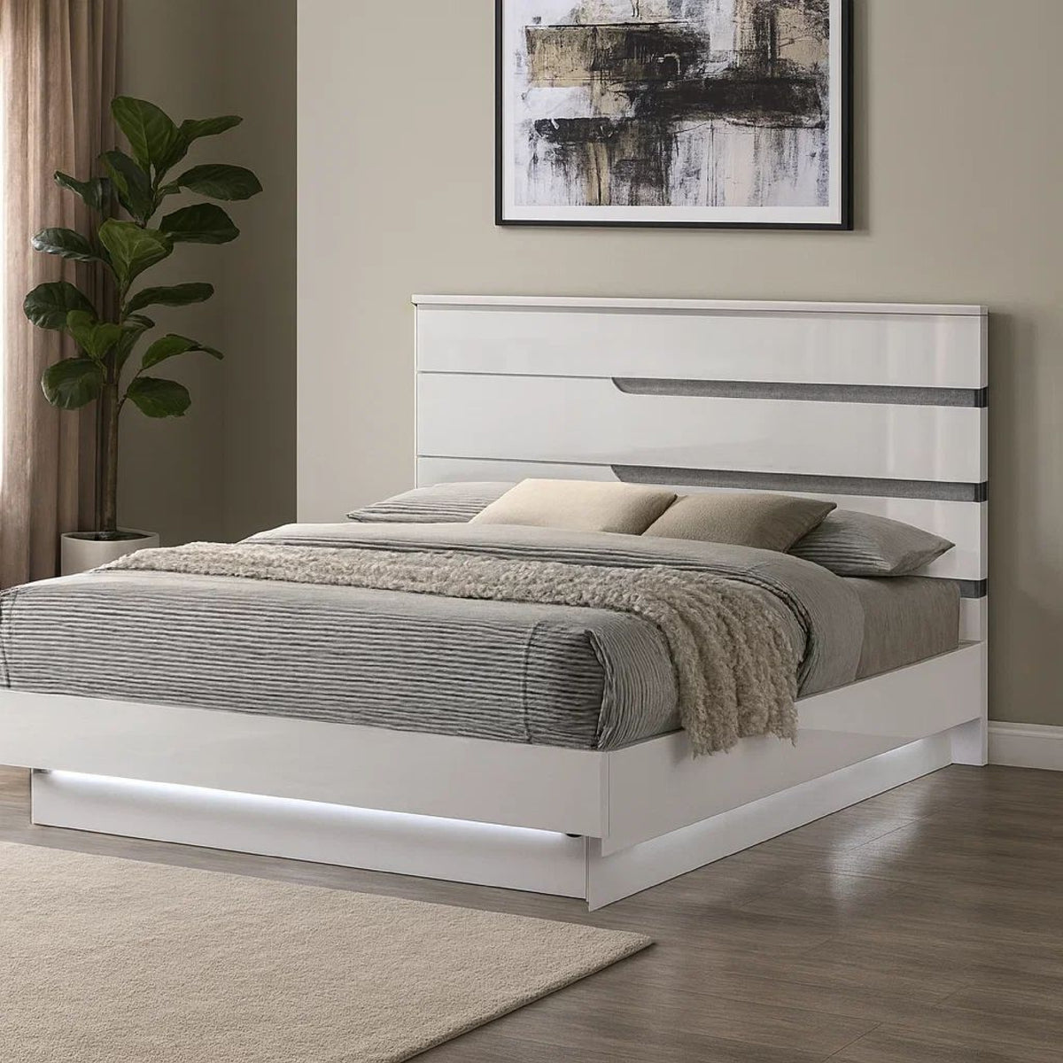 Peis King Size Bed, LED, Crystal Accents, Modern Design, Glossy White