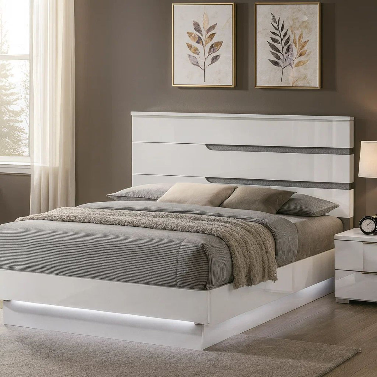 Peis King Size Bed, LED, Crystal Accents, Modern Design, Glossy White